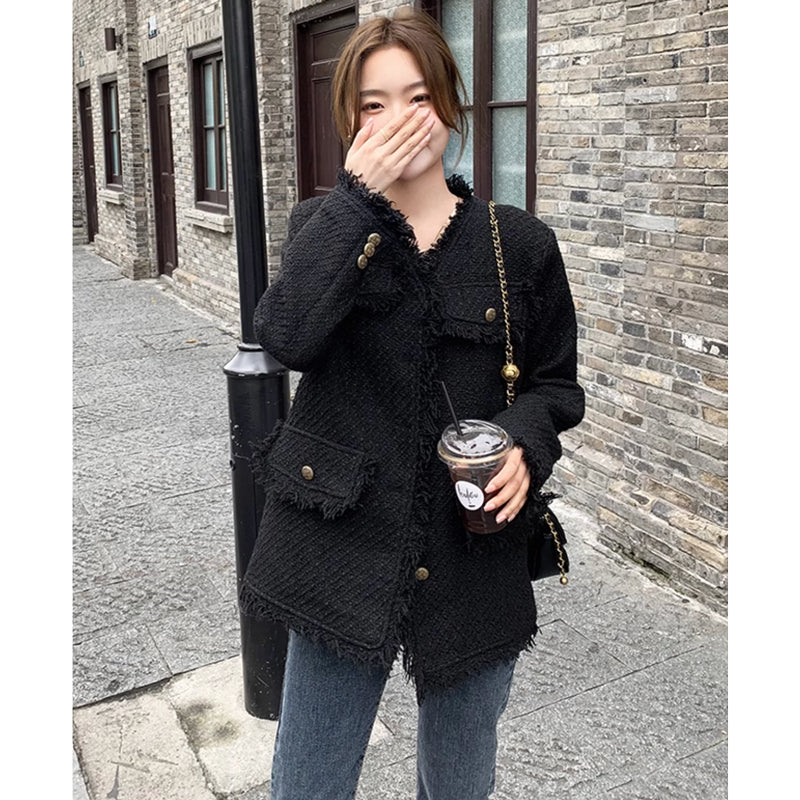 ブラックツイードジャケット（黒）定番の上品なツイードジャケット。