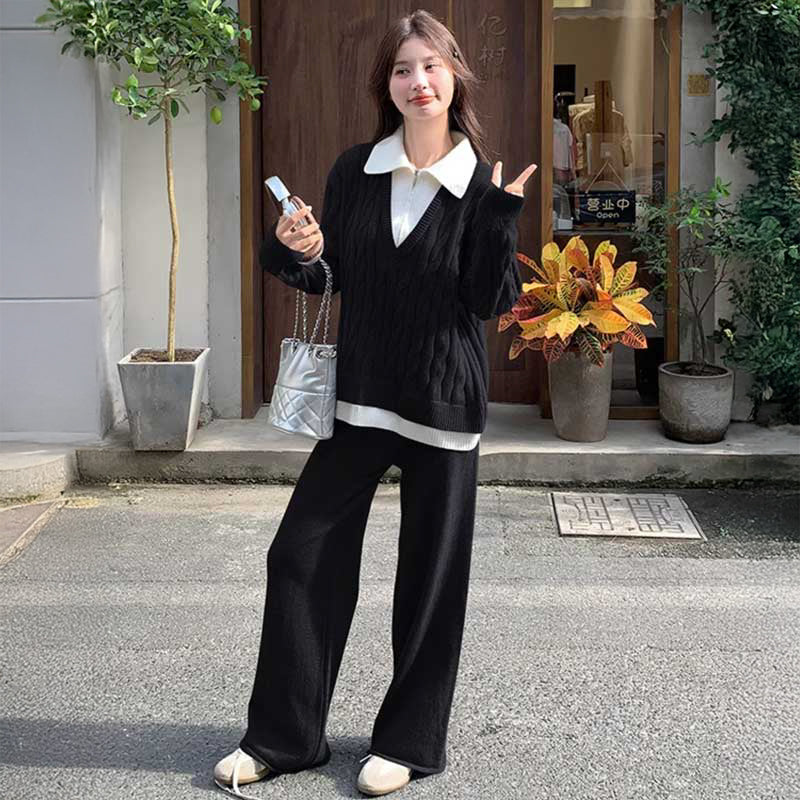 ケーブルニットセットアップ(2colors)（灰・黒）秋/冬 週末の