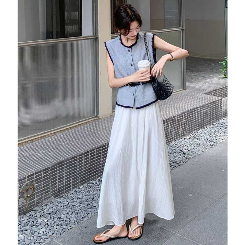 ノースリーブトップス×ロングフレアスカート（灰・白）春/夏 上品な