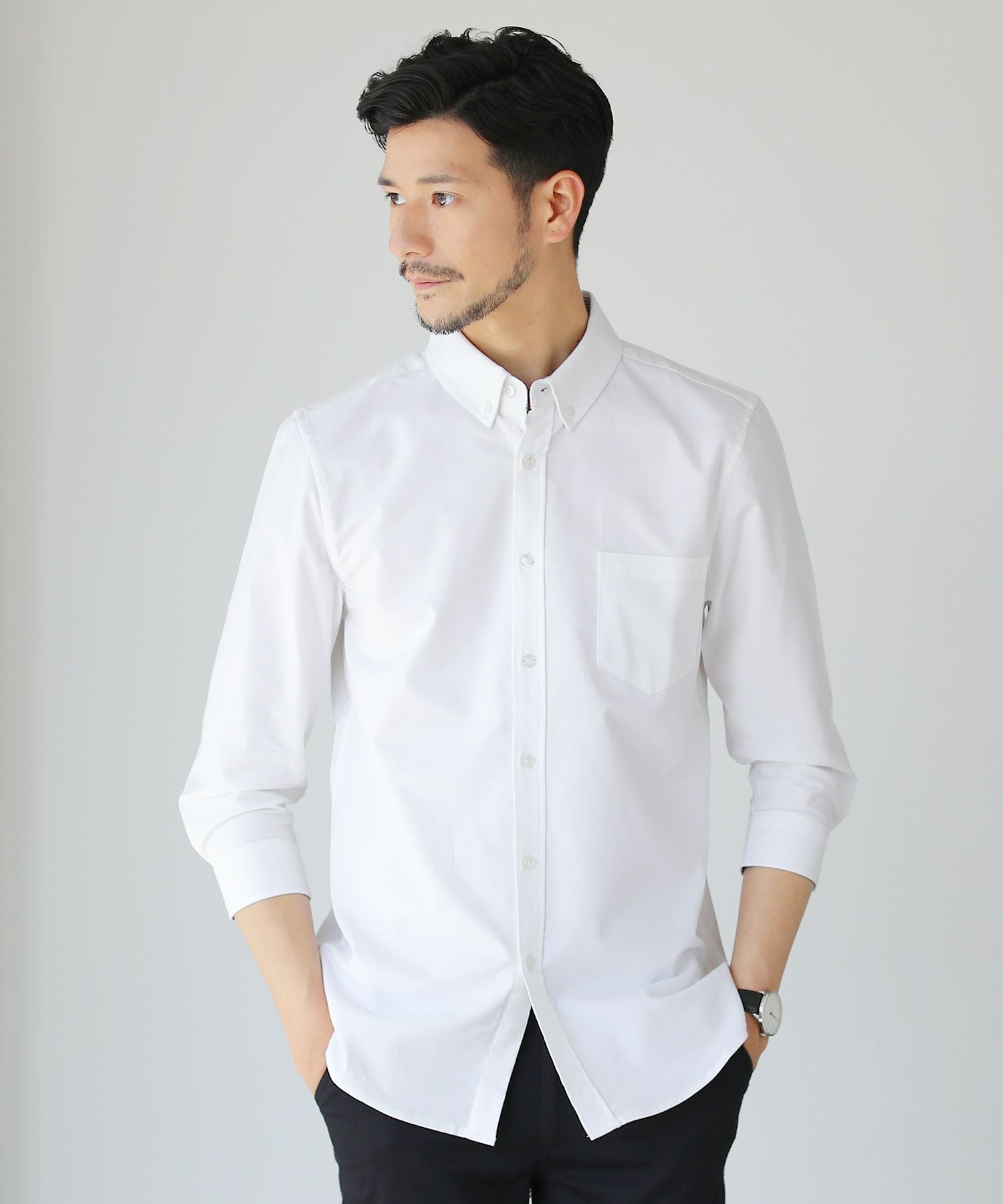 ボタンダウン先染めオックスフォードストレッチ半袖・7分袖シャツ