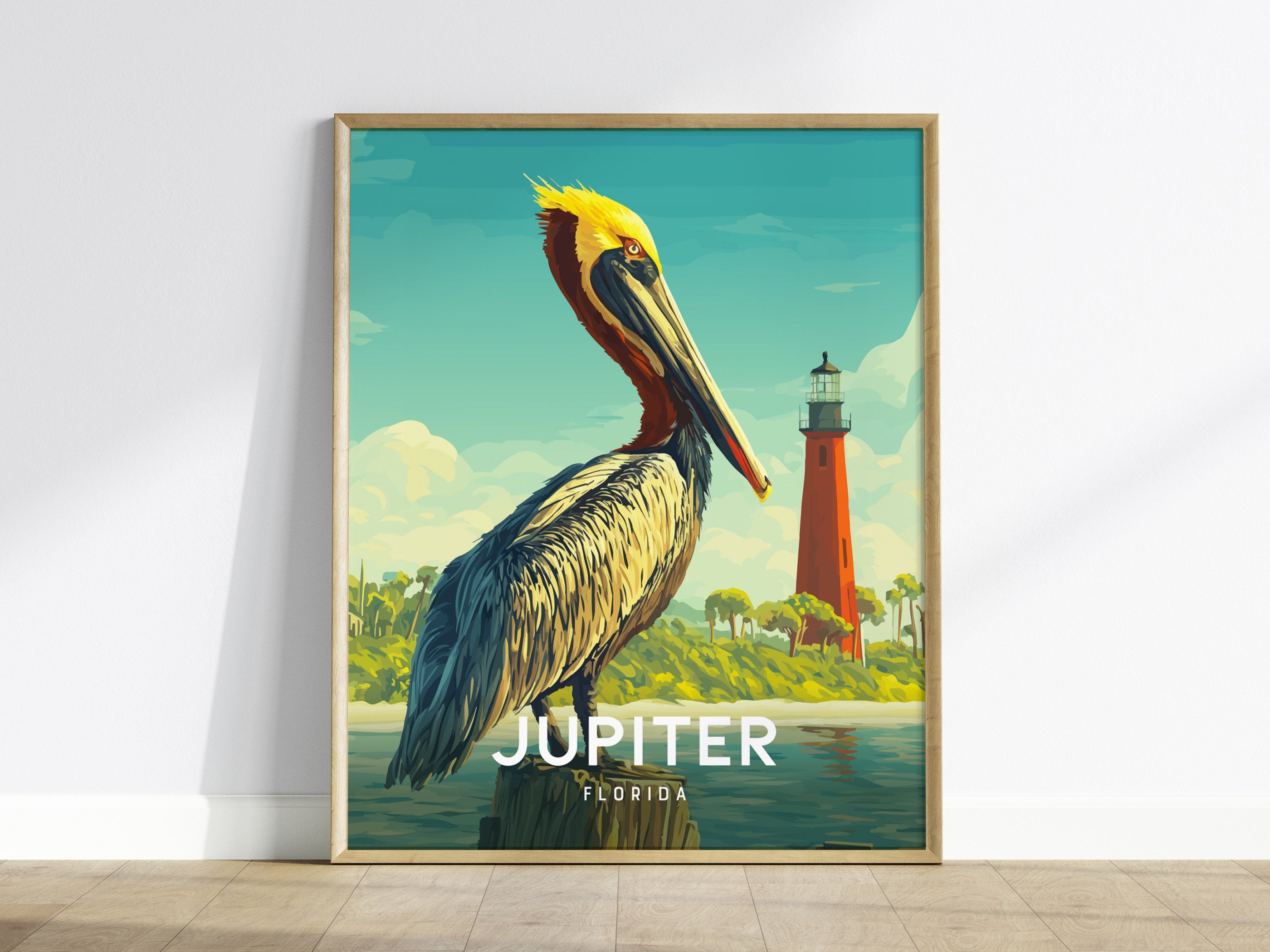 Jupiter Florida Poster | Pelican & Lighthouse Coastal Wall Art