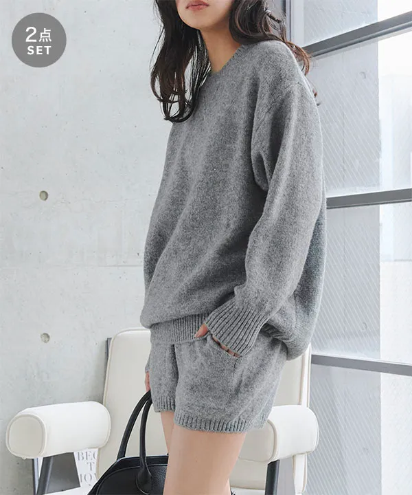 クルーネックニット×ショートパンツセット [N1340] - レディース