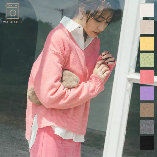 ウォッシャブルヤク風Vネックニットトップス [C6300] - レディース