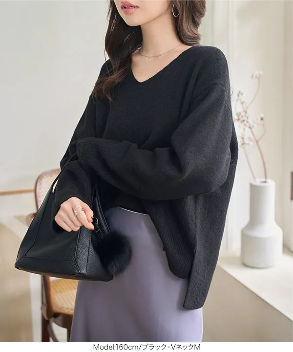 ウォッシャブルVネックorモックネックスフレニットトップス [C6301