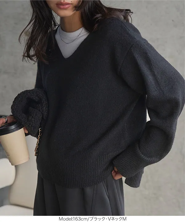 ウォッシャブルVネックorモックネックスフレニットトップス [C6301