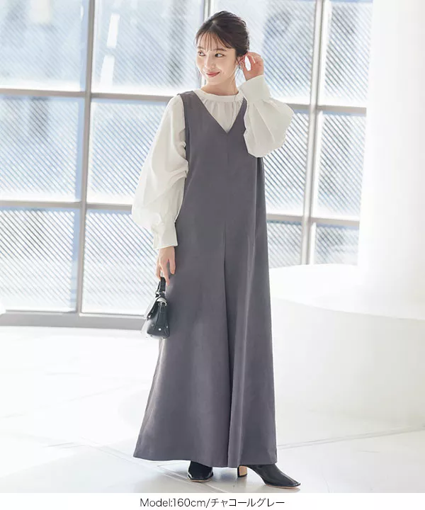 フェイクスエードVネックオールインワン [E2943] - レディース