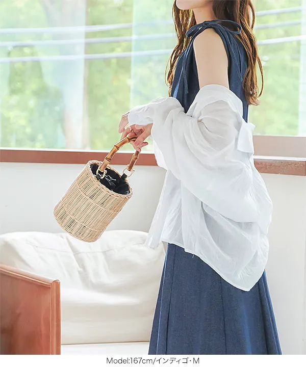 肩リボンハートネックデニムワンピース [E3402] - レディース