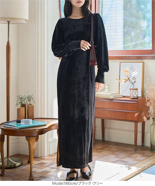 パフスリーブベロアロングワンピース [E3466] | SALE！ - レディース