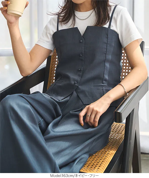 麻タッチキャミベスト×タックパンツセットアップ [E3482] - レディース