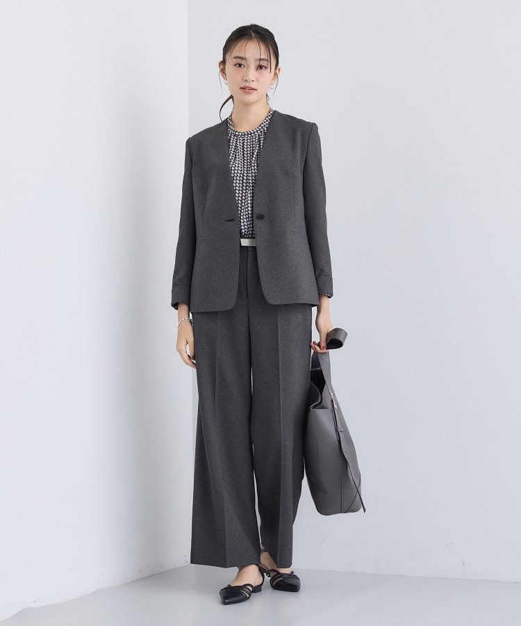 洗える／通勤／スーツ】メランジストレッチ ノーカラージャケット