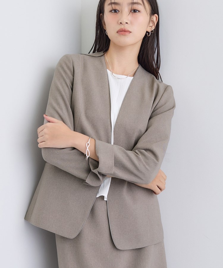 洗える／通勤／スーツ】メランジストレッチ ノーカラージャケット