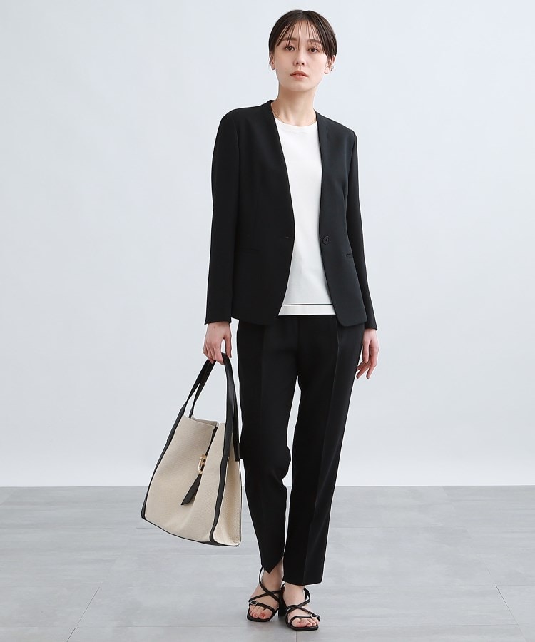 定番スーツ／UVケア／洗える】ウール調ノーカラージャケット