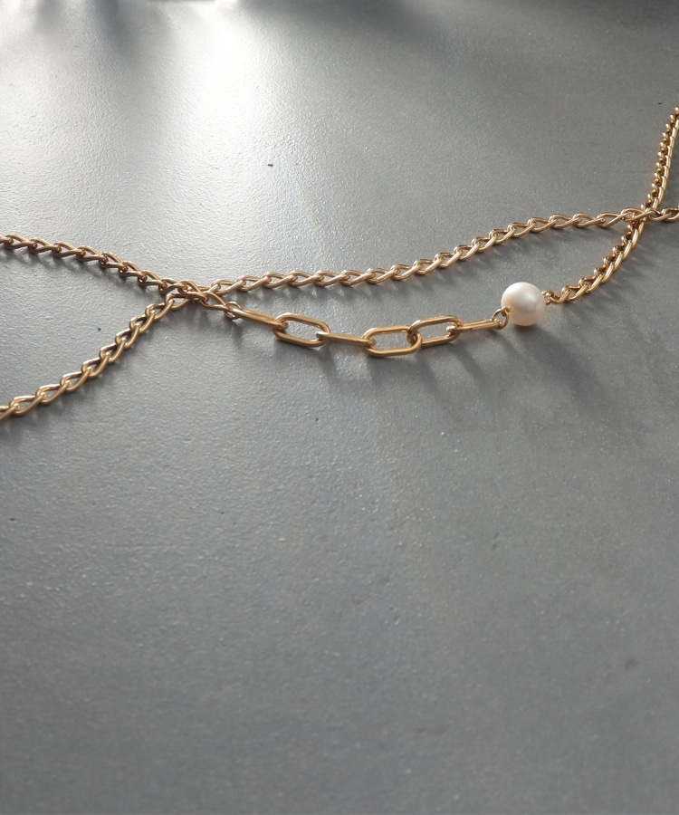 シルバー ミックスチェーン ロングカーブ・ケーブル パールネックレス