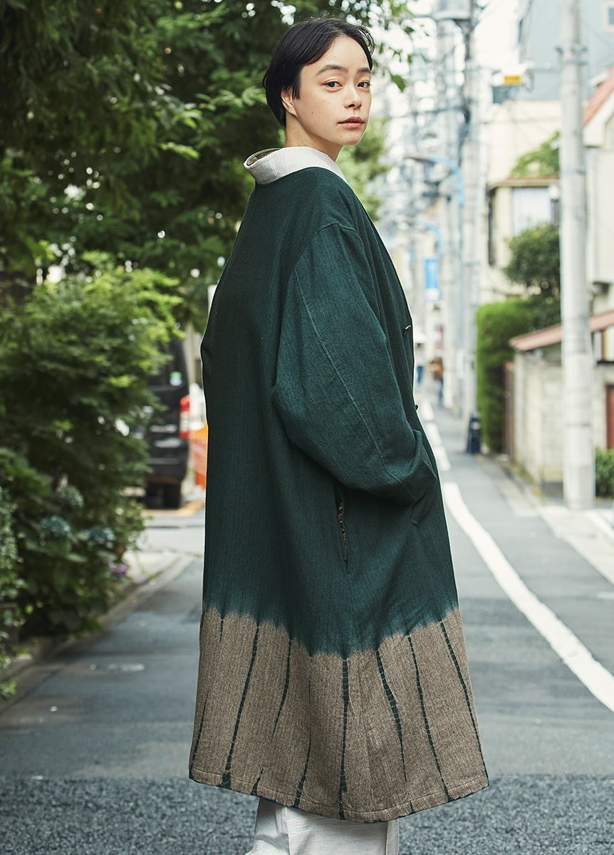 きものやまと×suzusan 絞りウールコート Moss green×Brown（お取り寄せ