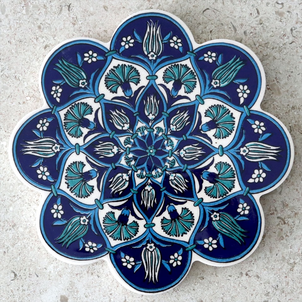 キリムスタイル / トルコ陶器の鍋敷き・チューリップ/ブルーグリーン