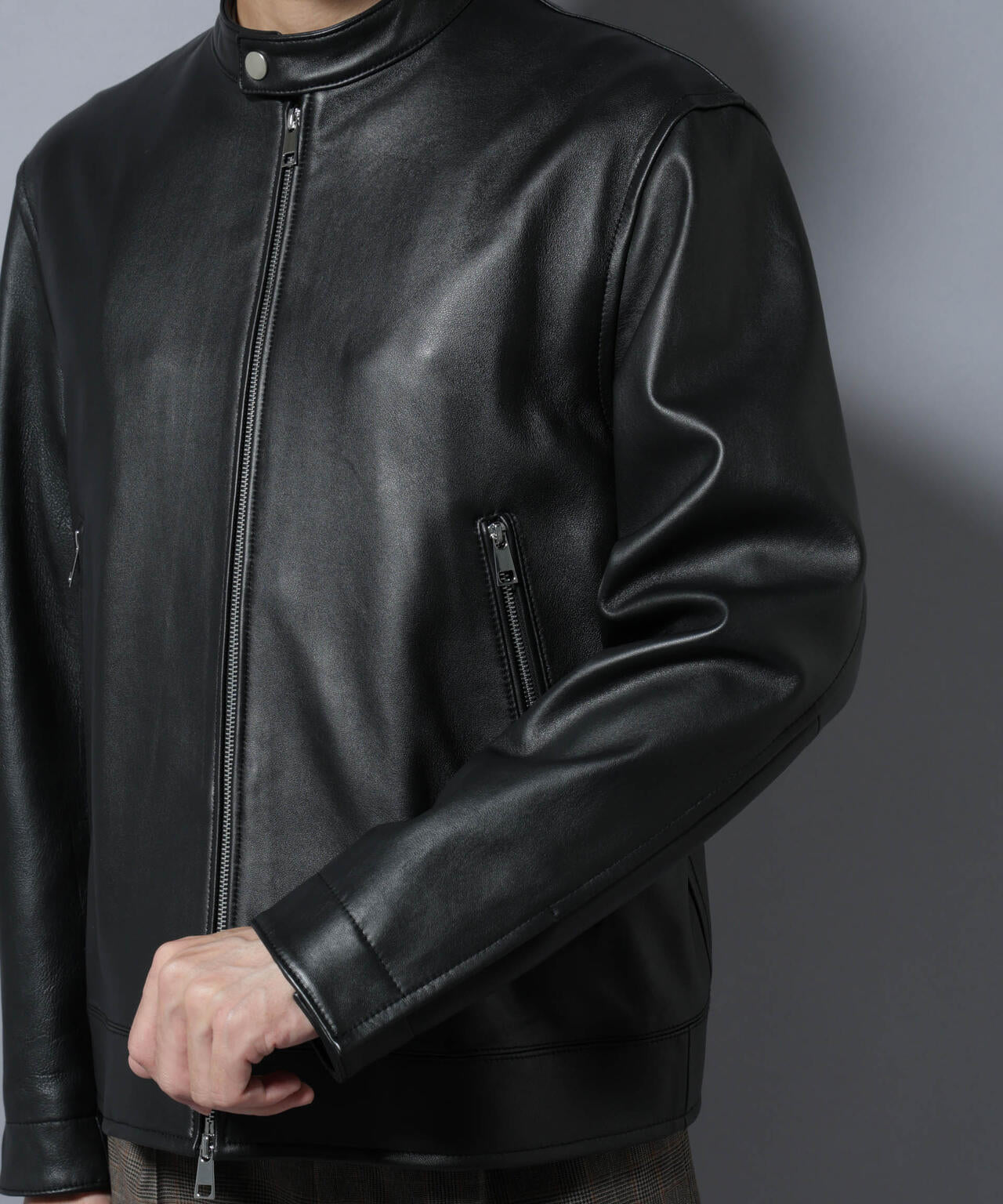 ラムナッパレザーバンドカラーライダースジャケット