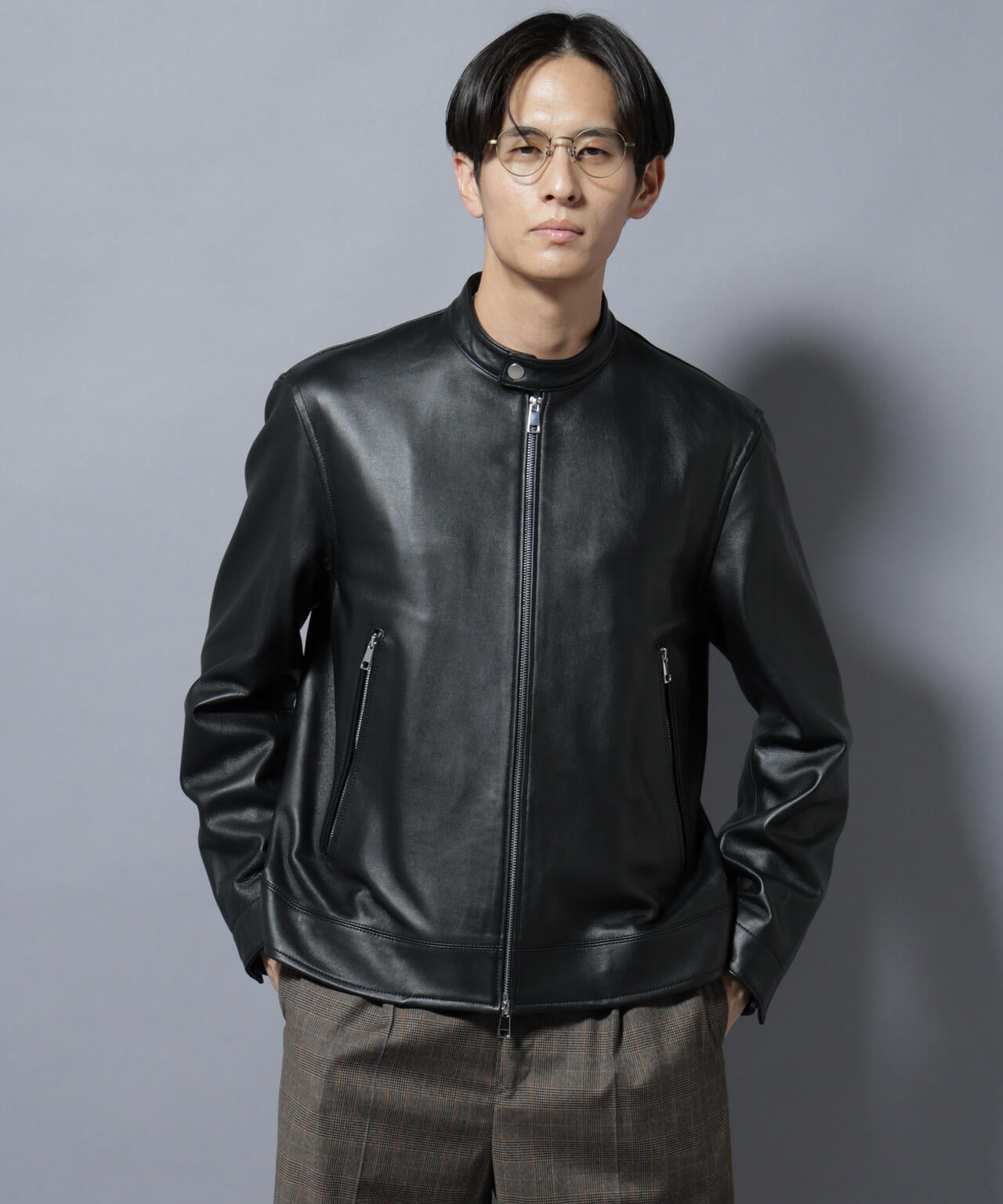 ラムナッパレザーバンドカラーライダースジャケット