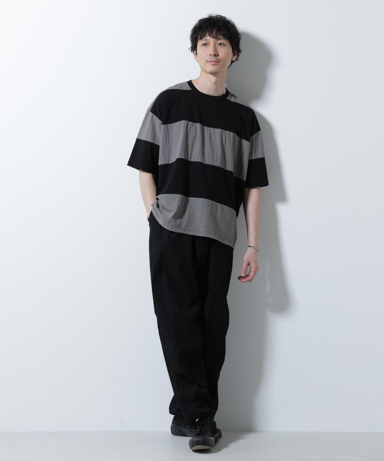 リラックス異素材ボーダー Tシャツ 半袖