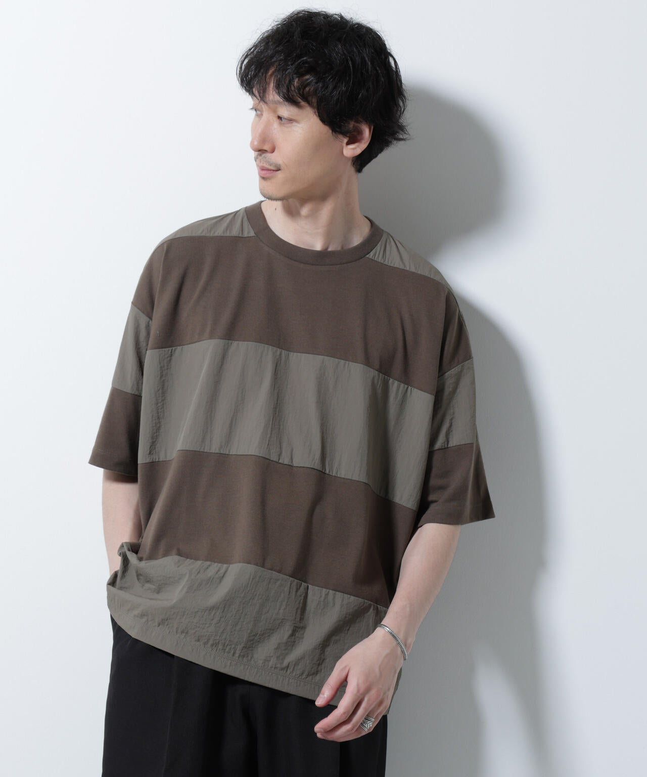 リラックス異素材ボーダー Tシャツ 半袖