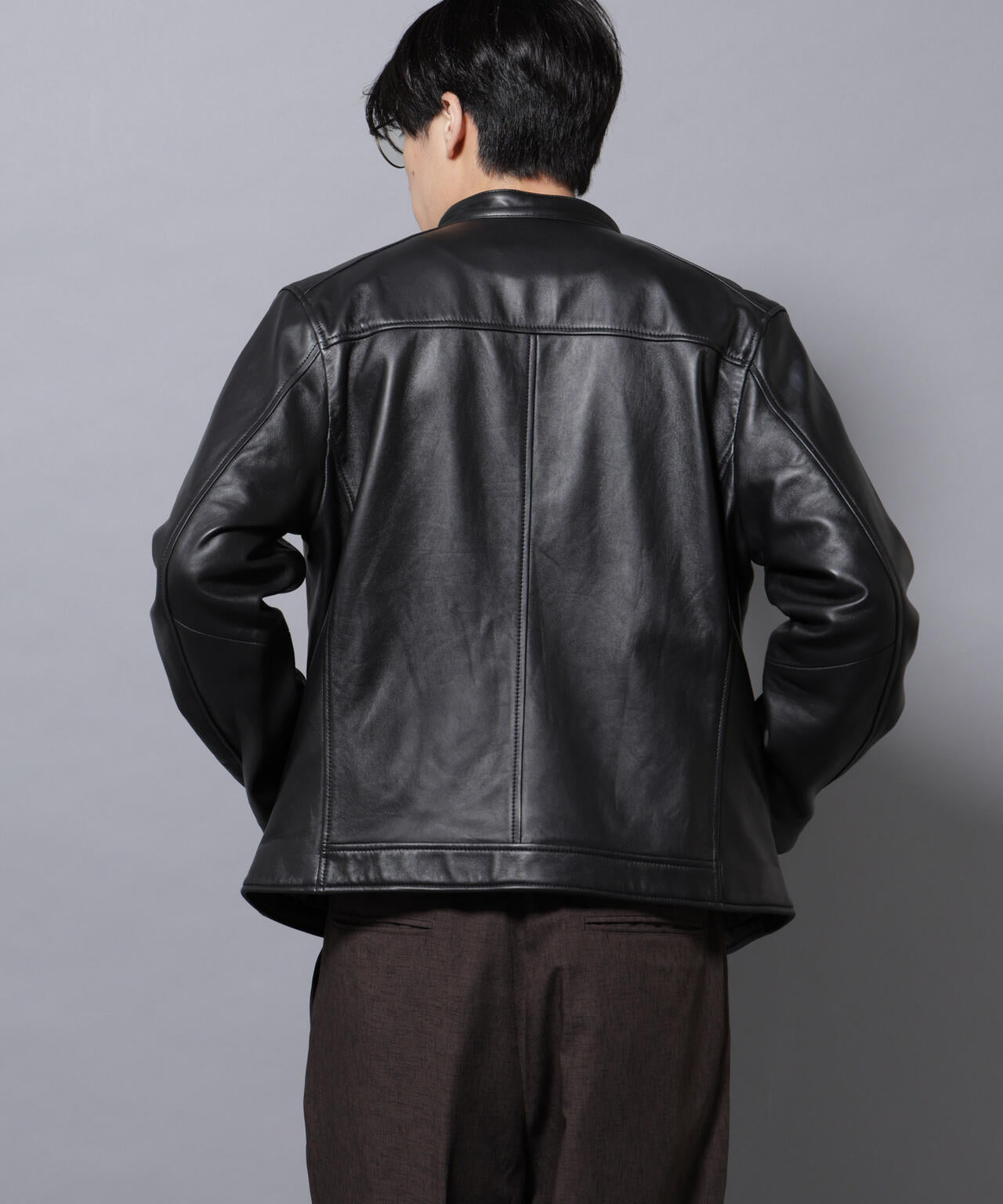 バンドカラー レザー シングルライダースジャケット