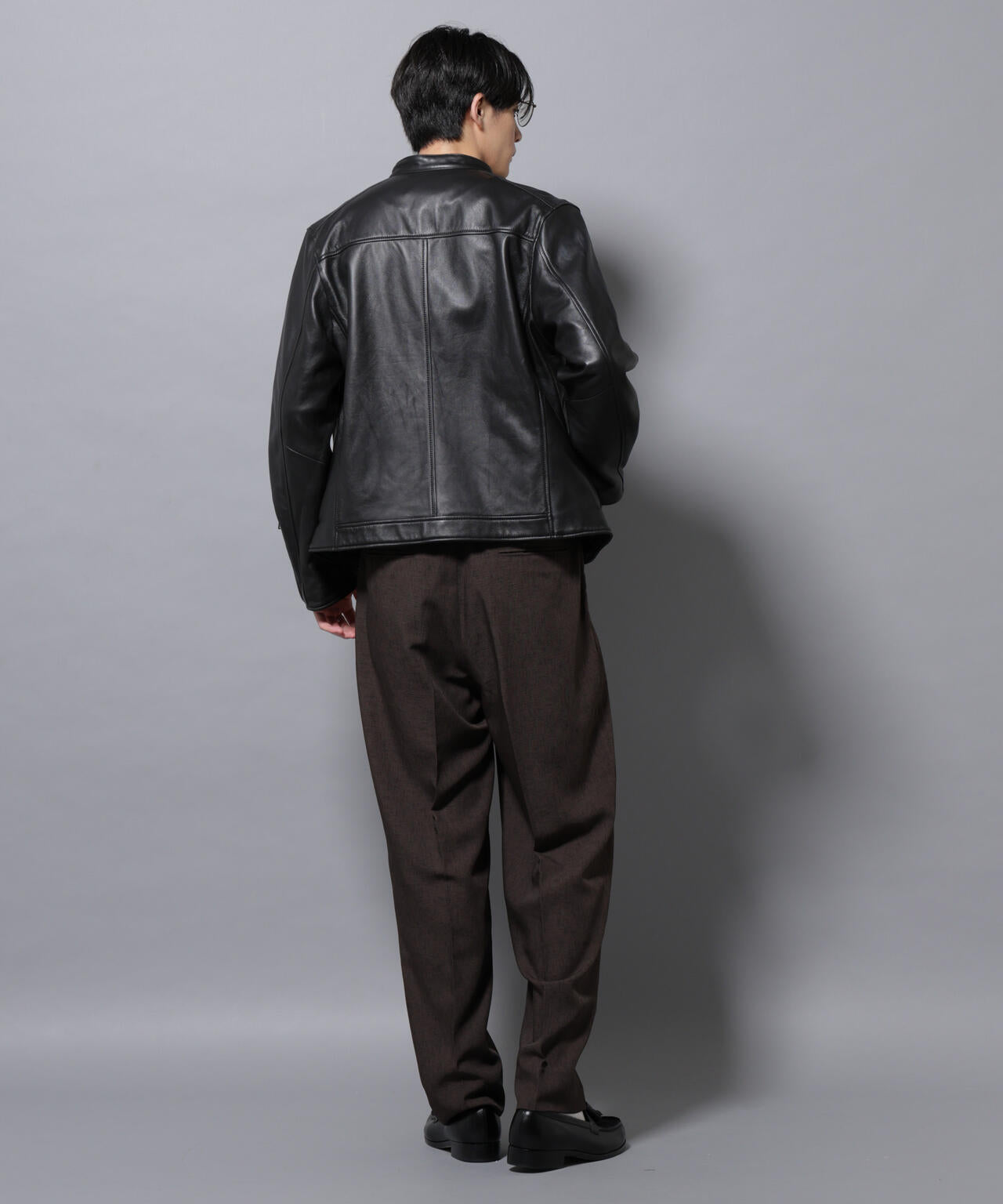 バンドカラー レザー シングルライダースジャケット