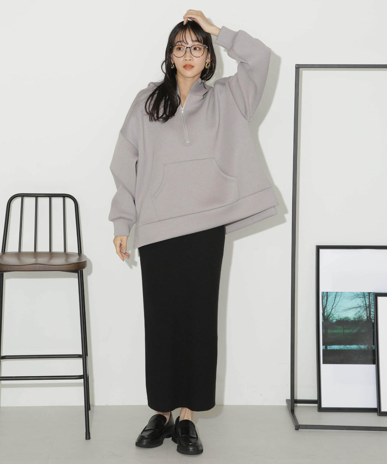 ハーフジップ フード ダンボール プルオーバー