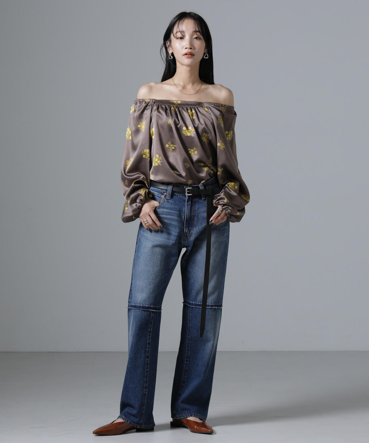 オフショル 2WAY フラワープリント ブラウス