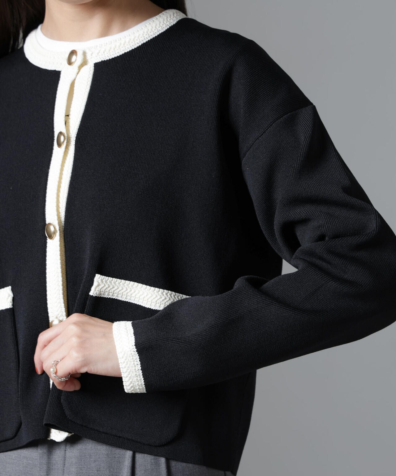 洗濯機洗い 可 バイカラー ニット ジャケット カーディガン