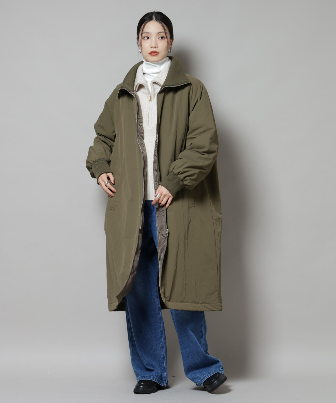 撥水加工 ・ 機能中綿 ジップアップ リブ ロングコート