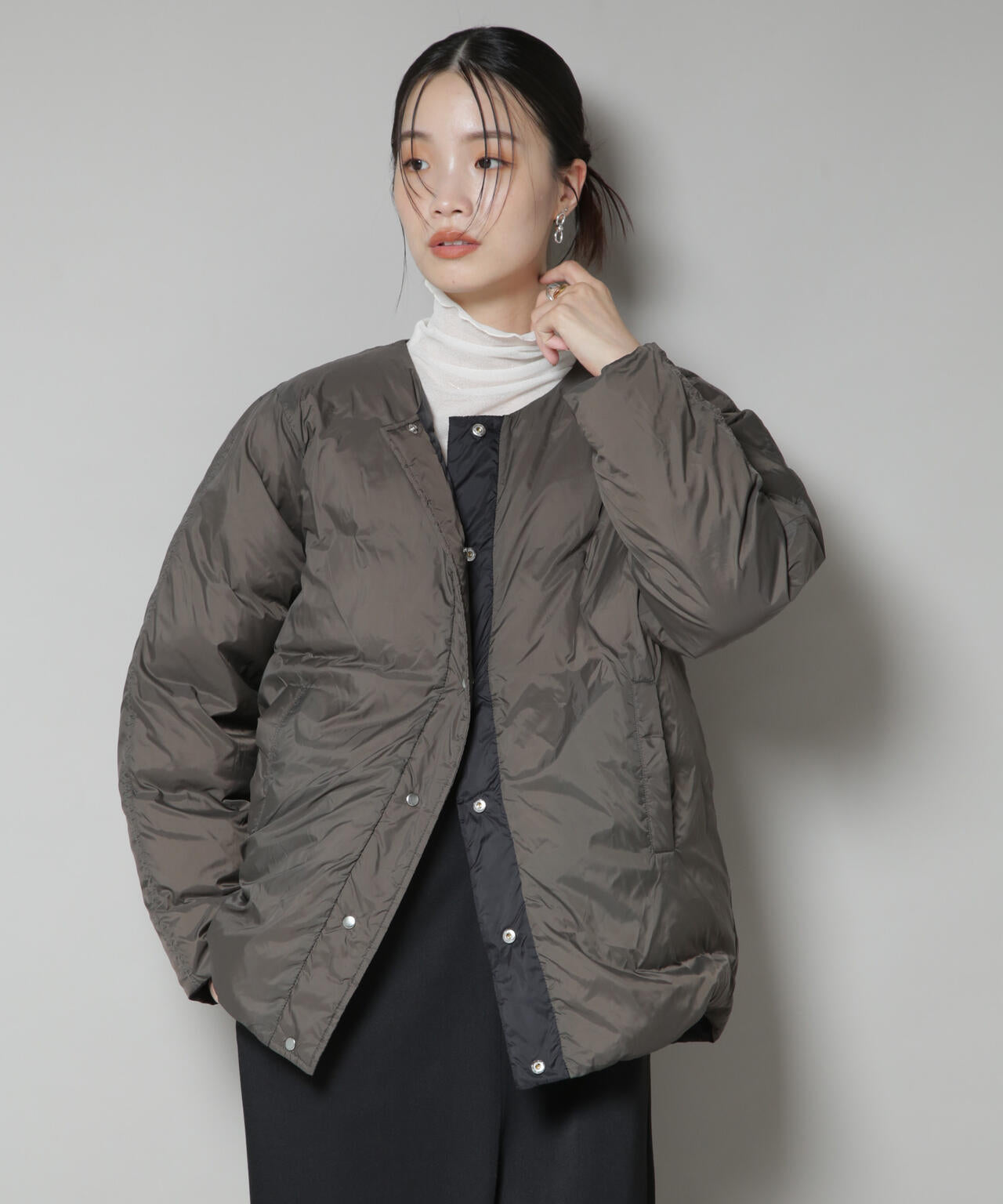 撥水加工 ライトダウン リバーシブル ノーカラージャケット