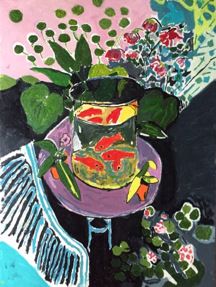 梅雨明けを待つ赤い金魚たち、マティス画の油模写 | 知的障がい「模写