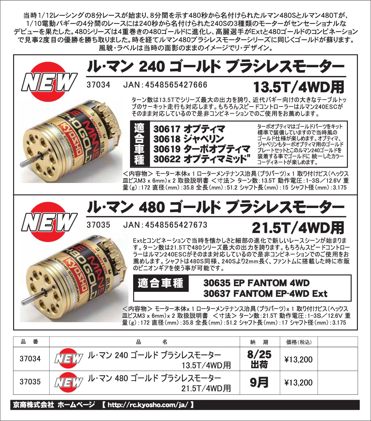 ル・マン 240ゴールド ＆ 480ゴールド ブラシレスモーター 新登場