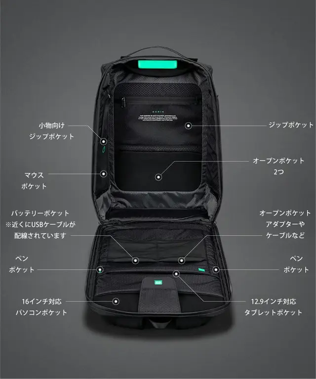 33のポケットに定位置収納可能、正面は観音開きポケット。防刃・盗難