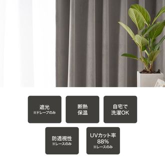グレー]ベルベット調 ドレープカーテン＆レースセット 遮光 保温 UV