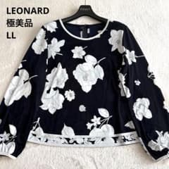 大きいサイズLL✨レオナール カンカン トリム 花柄上品トップス 紺 銀