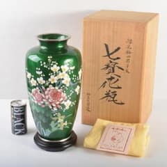 七宝焼 相互七宝造 緑光釉四君子文 七宝花瓶 唐木台付 共箱 D R6973B