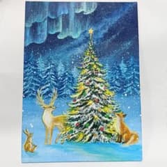 No.539 キャンバスボード アクリル画 原画 クリスマスツリー 狐 鹿