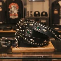 フラワー緑□本革レザーフルスタッズナローベルト☆アメカジ古着