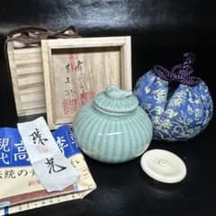 ☆茶道具！高麗青磁 茶入(替蓋付)！韓国人間国宝『申 相浩』造！共箱