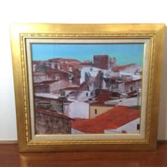 No2758 額装 井阪仁 「赤い屋根の風景」 黄袋共箱 日本画 琳派 送料