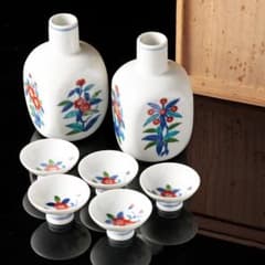 人間国宝 十三代今泉今右衛門 錦花画酒器 徳利 盃五客 共箱 黄布 栞 色