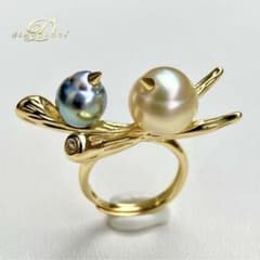 リラックまま様専用南洋白蝶真珠と黒蝶真珠 双色「鳥と枝」s925リング