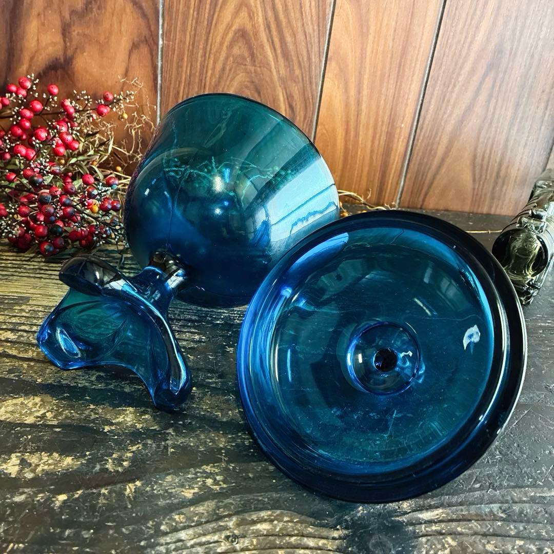 骨董 時代ガラス ピーコックブルー アールデコ調プレス 納戸色 ボンボ