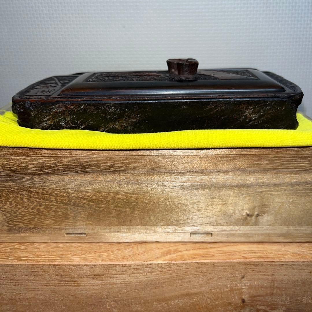⭕️赤間硯 共蓋付梅花彫刻硯 阿野硯製作所 龍泉作 美品 墨持ち良い