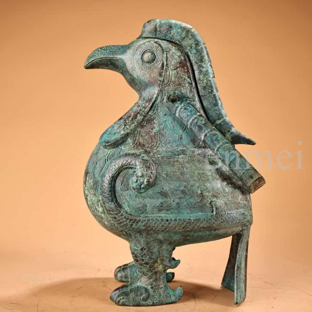 中国古美術・珍品旧藏・青銅製提梁鳥壺・鋳造・鏨刻・純銅製・酒具・風水開運・置物 中国古美術・珍品旧藏・青銅製提梁鳥壺・鋳造・鏨刻・純銅製・