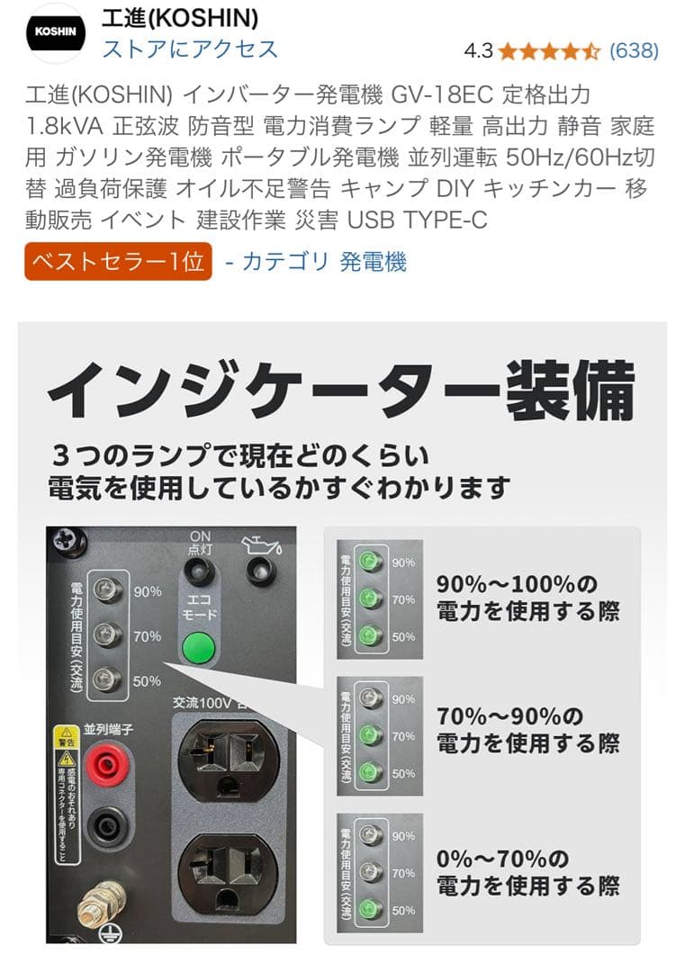 【未開封】工進(KOSHIN) インバーター発電機 GV-18EC 1.8kVA