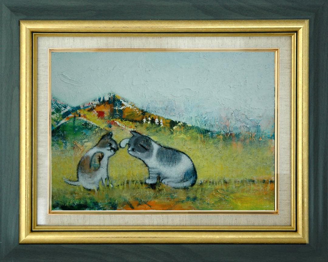 油絵 菅家令子絵 絵画インテリア額付(青緑＋金色の枠) uF6-050520