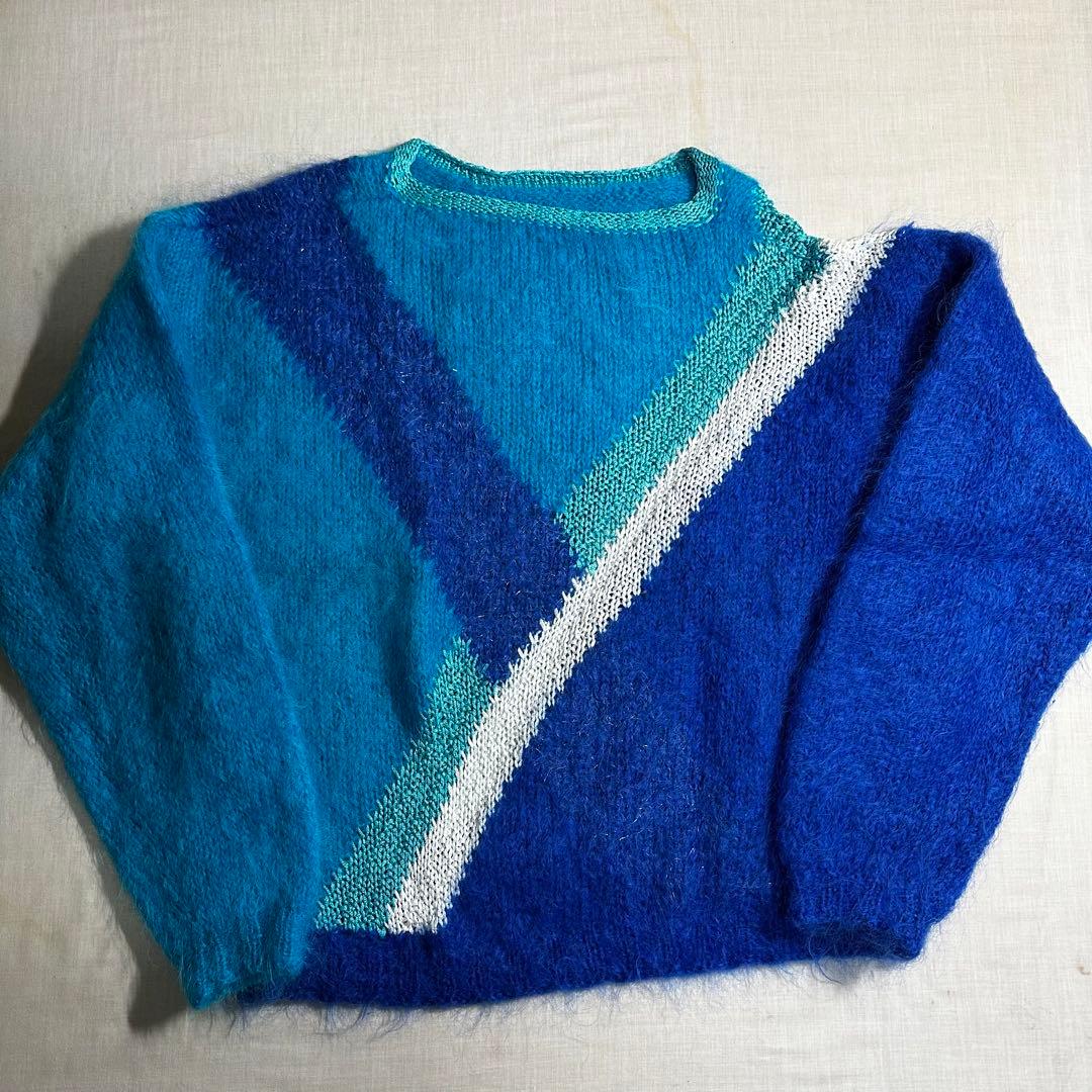 80s UK製 モヘア ニット セーター 青 ターコイズ ヴィンテージ 古着