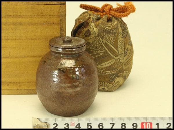 茶道具 備前茶入 共蓋(A767) 石野充信（造）備前茶入 仕覆「吉野間道」象牙蓋 共箱 | 古美術ささき