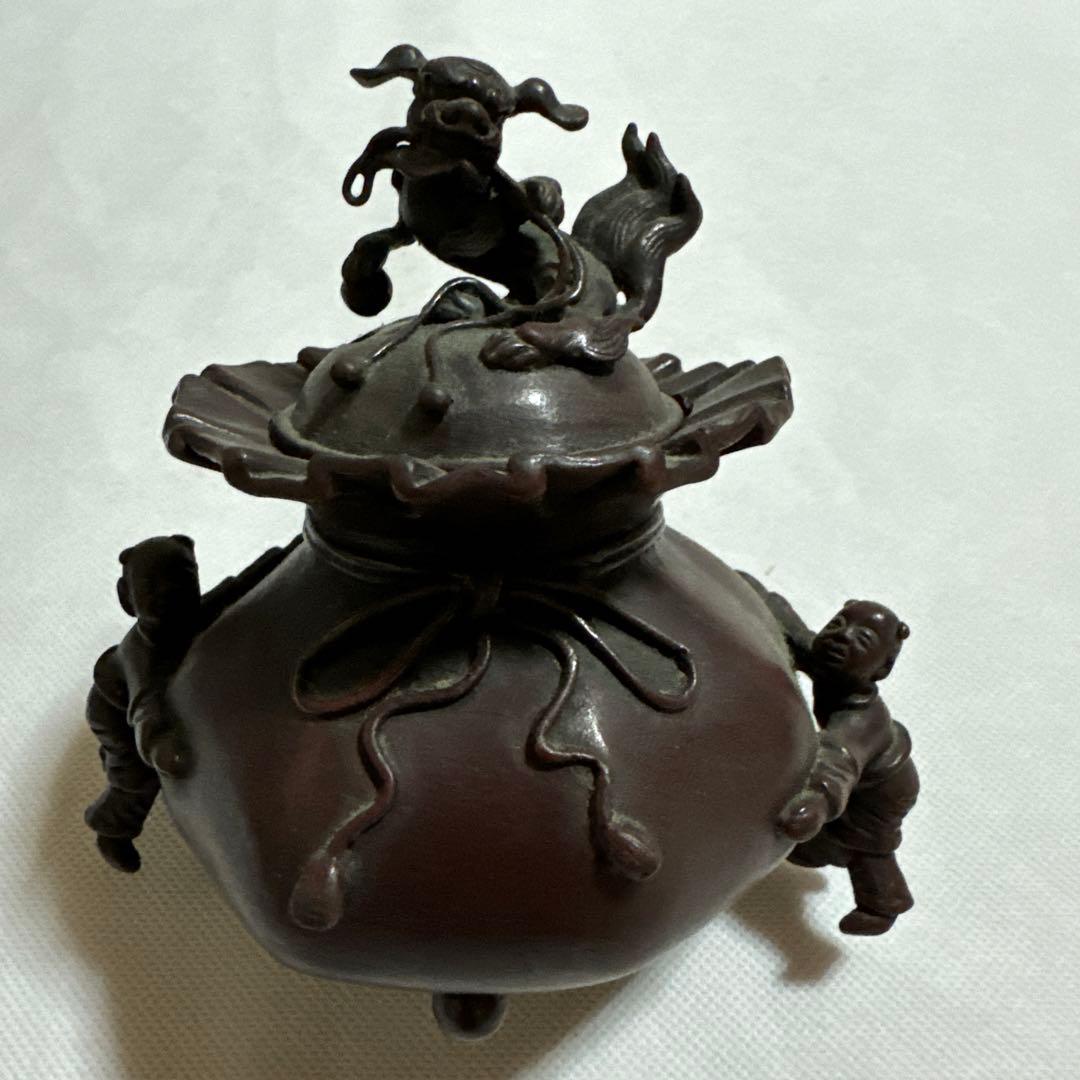 香炉 大明宣徳年製 古銅 巾着型 唐子脚 獅子蓋 - メルカリ